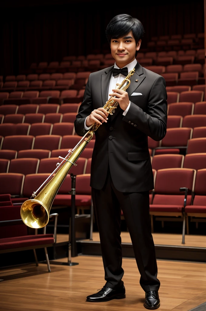 3D caricature Thai male face, age 25, hairstyle with bangs, hair color black, height 166 centimeters, weight 86 kilograms, wearing a black suit, long pants, black leather shoes. Standing playing the trumpet in front of the orchestra Auditorium area A caricature of a 165 cm tall man playing a trumpet at a theater with a plump figure and a round face.

