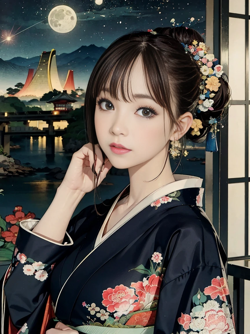 (Highest quality、 8k 、masterpiece、High resolution)、(whole body)、Vibrant colors、Brown-black bob、Traditional topknot、Ample breasts、(Highly detailed face and eyes,Beautiful Face,Beautiful Eyes,Beautiful nose,Pretty lips)、Official Art、Ukiyo-e style、 (Beautiful woman in kimono)、(Vivid floral patterned kimono)、background、river、bridge、Mountain、wood、Starry Sky、moon、Detailed CG、