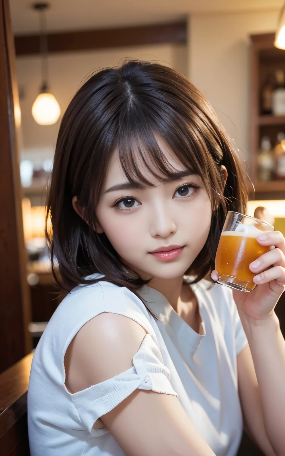 Cute 21 year old Japanese、drinking beer at bar、Nice bar、Ultra detailed face、Pay attention to the details、double eyelid、Beautiful and thin nose、Sharp focus:1.2、Beautiful woman:1.4、(Light Brown Hair、Short Hair、)、Pure white skin、Highest quality、masterpiece、Ultra-high resolution、(Photorealistic:1.4)、Highly detailed and professional lighting、nice smile、Show your whole body、Cute Spring Clothes、