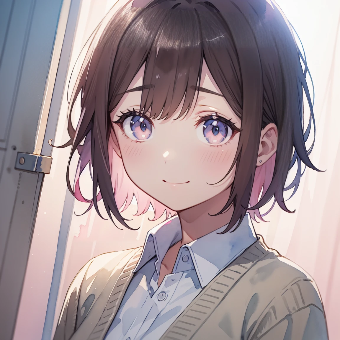 masterpiece, high quality, ((watercolor)), Soft colors, breast enhancement, Portrait, Dark brown hair, Straight very short hair, A kind smile, Pale pink cardigan, Private Server, Big dark eyes, Pastel yellow and pink light, watercolor風の背景, Dreamy atmosphere, Kind expression, No sharp lines, Warm atmosphere, cute, A delicate touch, mysterious, Calm colors, watercolor画