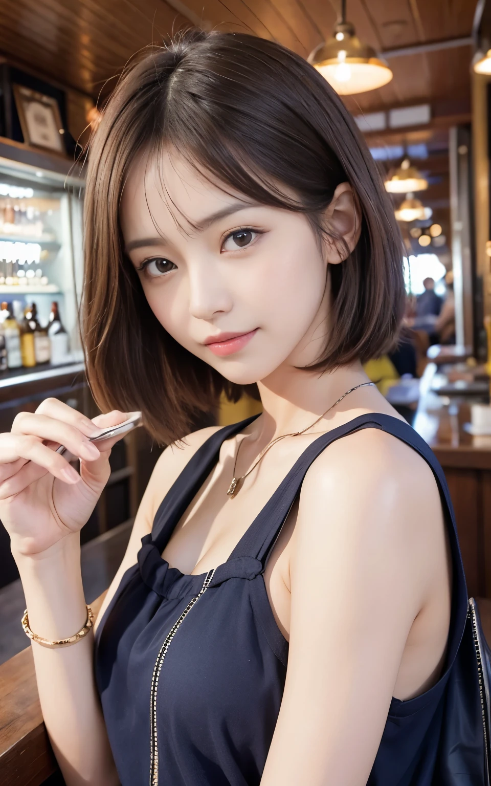 Cute 21 year old Japanese、drinking beer at bar、Nice bar、Ultra detailed face、Pay attention to the details、double eyelid、Beautiful and thin nose、Sharp focus:1.2、Beautiful woman:1.4、(Light Brown Hair、Short Hair、)、Pure white skin、Highest quality、masterpiece、Ultra-high resolution、(Photorealistic:1.4)、Highly detailed and professional lighting、nice smile、Show your whole body、Cute Spring Clothes、