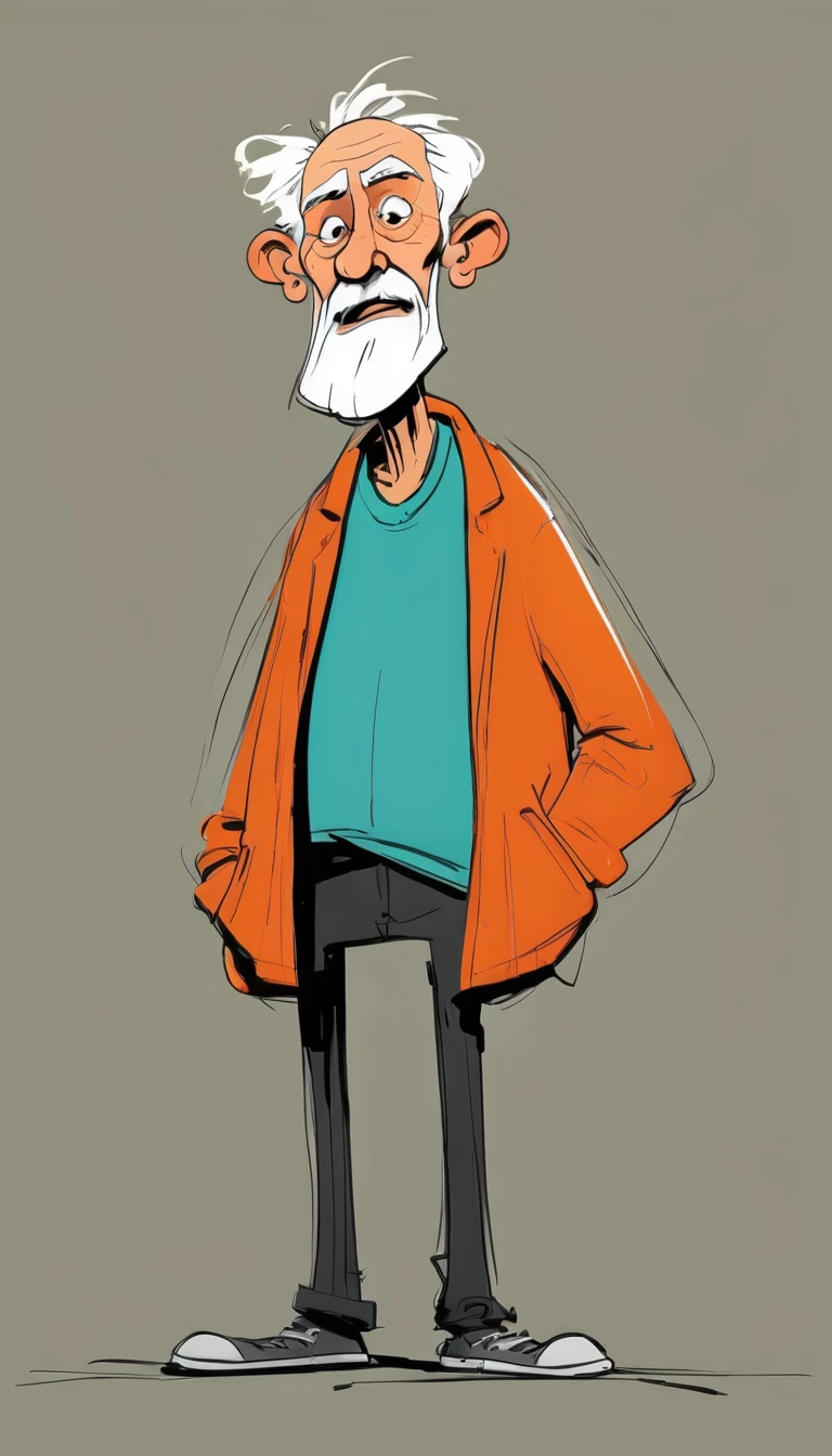 (((Exaggerated digital character sketches:1.37))).(Bearded old man),(Black sketch lines,Loose brushstrokes create the outline,Cartoon Style. Bright colors and simplified lines, sketch)。(Exaggerated body movements,Long legs),(fear)