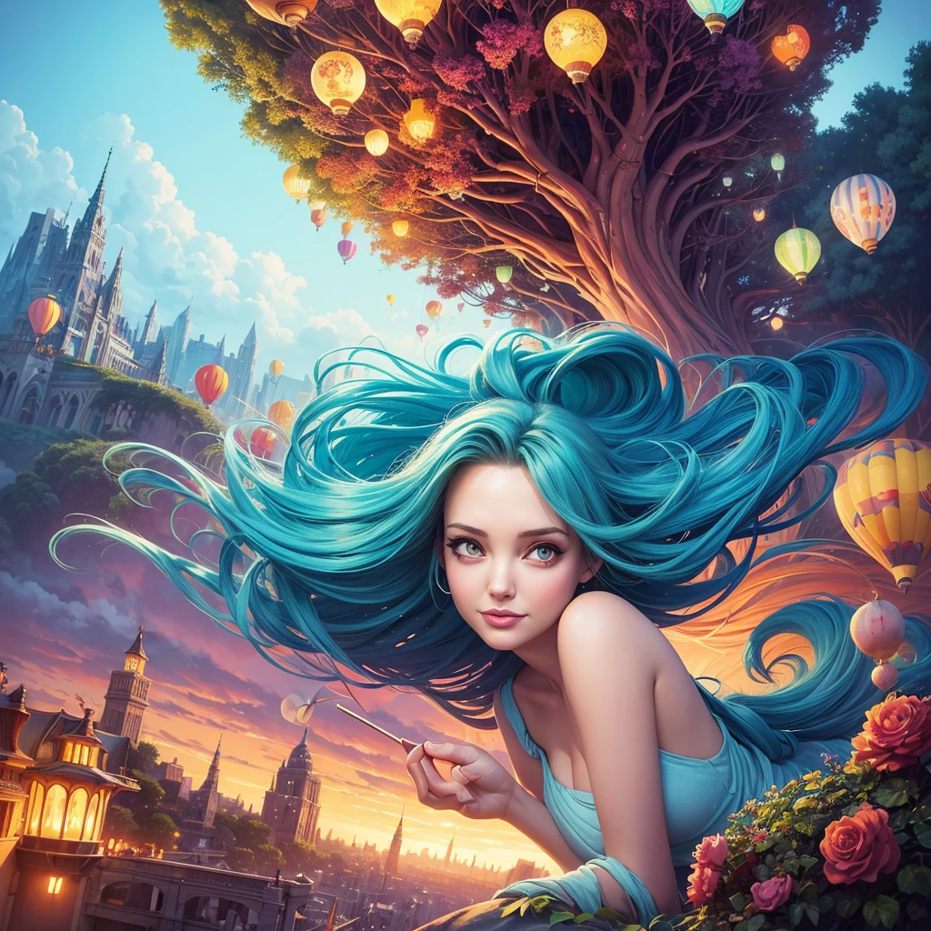 a painting of gigantic woman's head with face of Winona Ryder morphed with Angelina Jolie with colorful hair in a shape of tree and lianas, a neck growing out of the ground, dalightful smile, a city skyline, hot air balloons, flying bulbs and plant trees in the air, beeple and jeremiah ketner, dan mumford tom bagshaw, colorfull digital fantasy art, inspired by Cyril Rolando, inspiring digital art, colorful digital painting, paint splashes, paint driping, gorgeous digital art, beautiful art uhd 4 k, stunning digital illustration, vibrant digital painting, stylized digital art