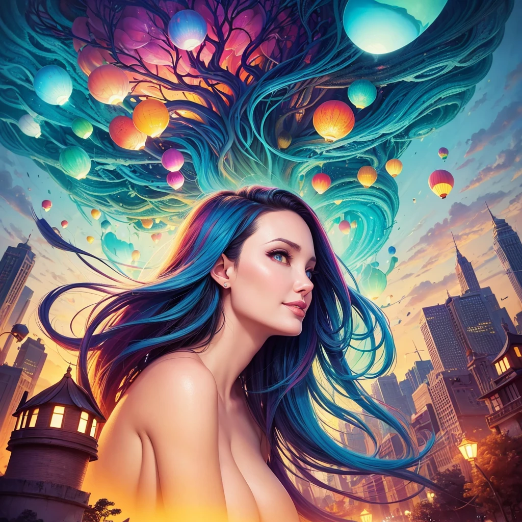 a painting of gigantic woman's head with face of Winona Ryder morphed with Angelina Jolie with colorful hair in a shape of tree and lianas, a neck growing out of the ground, dalightful smile, a city skyline, hot air balloons, flying bulbs and plant trees in the air, beeple and jeremiah ketner, dan mumford tom bagshaw, colorfull digital fantasy art, inspired by Cyril Rolando, inspiring digital art, colorful digital painting, paint splashes, paint driping, gorgeous digital art, beautiful art uhd 4 k, stunning digital illustration, vibrant digital painting, stylized digital art