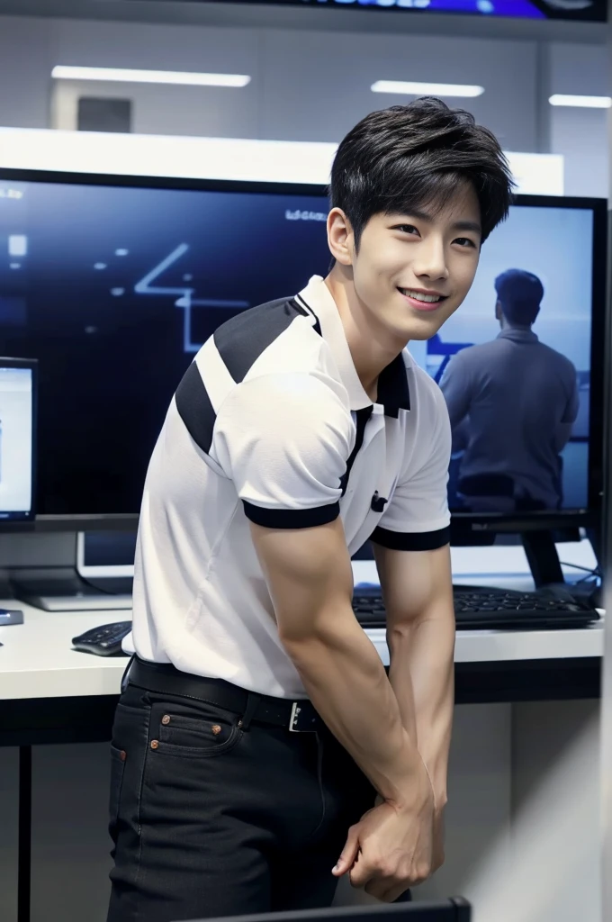 ((realistic daylight)) , (Korean guy in black polo shirt only) , Jeans, A handsome, muscular young Asian man looks at the camera.  , In a computer shop ,turn sideways, smile