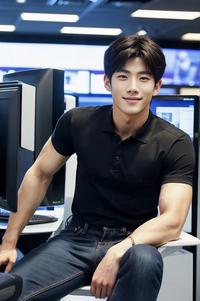 ((realistic daylight)) , (Korean guy in black polo shirt only) , Jeans, A handsome, muscular young Asian man looks at the camera.  , In a computer shop ,turn sideways, smile