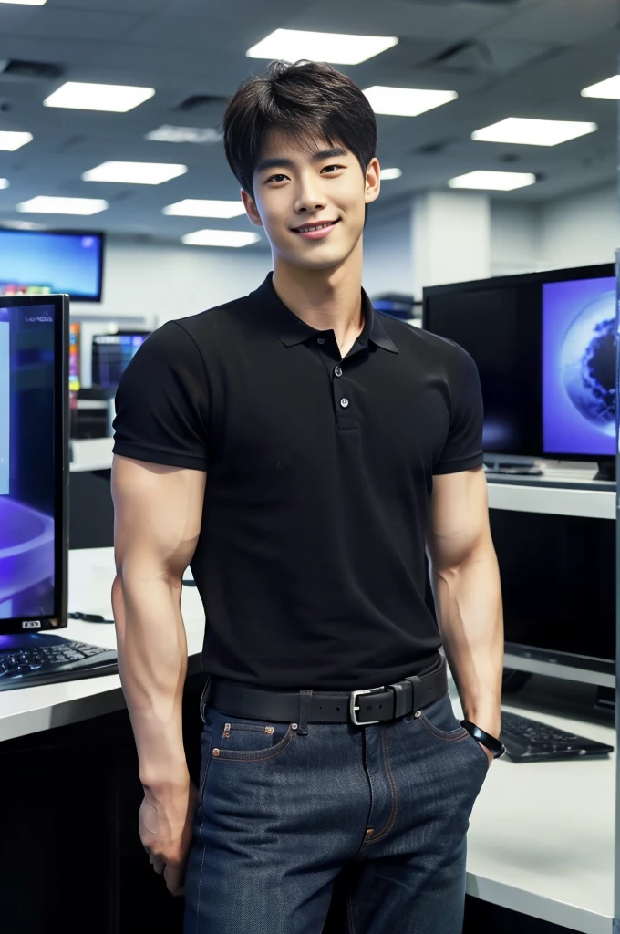 ((realistic daylight)) , (Korean guy in black polo shirt only) , Jeans, A handsome, muscular young Asian man looks at the camera.  , In a computer shop ,turn sideways, smile