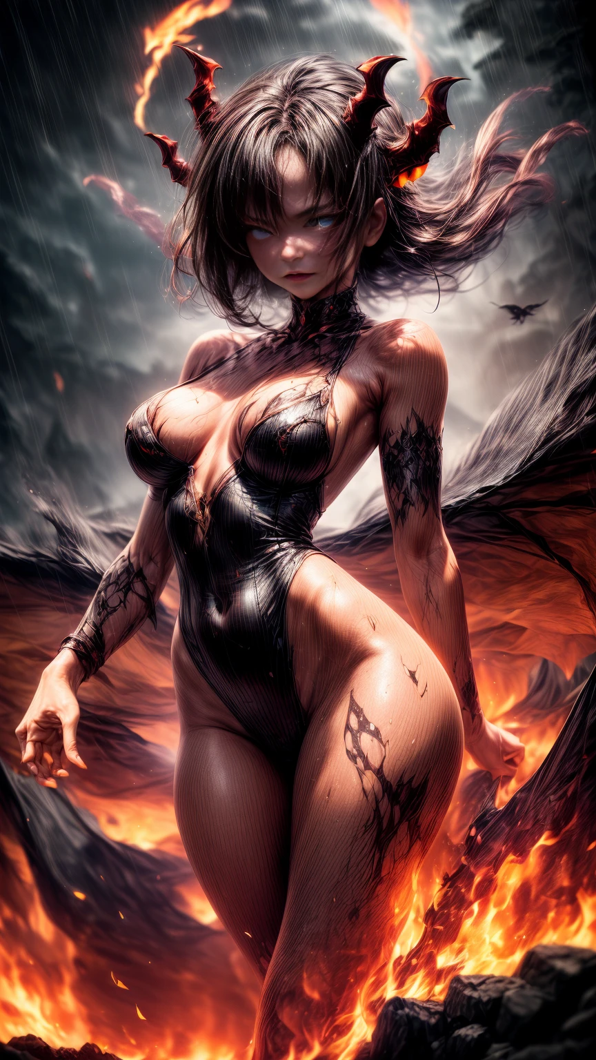 Cinematic effects, raining blood, from below, masterpiece, highest quality, dragonlady queen, perfect demoness, long legs, hourglass figure, curvy hips, perfect blue eyes, detailed eyes (1.4), slashed up body, cuts and deep wound on body, scars on face, villainous expression, flaming skin body with bioluminescent glowing pattern, ready for battle, blurred stormy background, dark atmosphere, lighting in background,full body, good hands, best hands