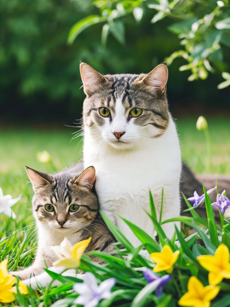 a cat sitting in the grass with another cat, two peaceful cats sleeping close together, surrounded by blooming hyacinths, lilies and daffodils, cats with flowers on their cheeks, cute and wholesome spring scene, (best quality,4k,8k,highres,masterpiece:1.2),ultra-detailed,(realistic,photorealistic,photo-realistic:1.37),beautifully detailed cats, extremely detailed eyes and face,longeyelashes,detailed fur textures,natural lighting,vibrant colors,serene landscape,lush greenery,field of flowers