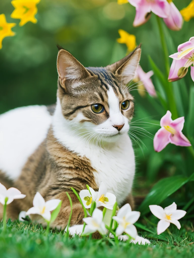 a cat sitting in the grass with another cat, two peaceful cats sleeping close together, surrounded by blooming hyacinths, lilies and daffodils, cats with flowers on their cheeks, cute and wholesome spring scene, (best quality,4k,8k,highres,masterpiece:1.2),ultra-detailed,(realistic,photorealistic,photo-realistic:1.37),beautifully detailed cats, extremely detailed eyes and face,longeyelashes,detailed fur textures,natural lighting,vibrant colors,serene landscape,lush greenery,field of flowers