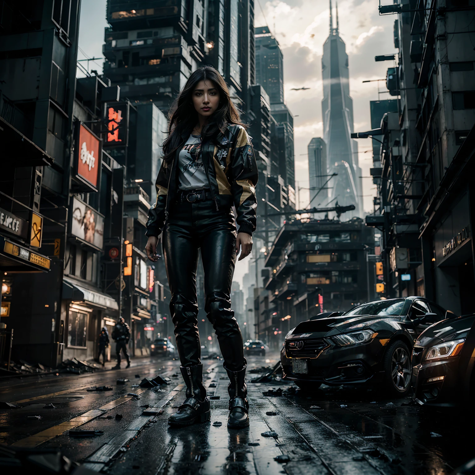 (of the highest quality, ultra high definition, 16k, masterpiece) A powerful girl, Pooja Hegde, walks confidently in front of his sturdy, Futuristic car in the middle of a chaotic, war-torn metropolis.. The shot is from medium to long view., capturing her determined presence and all the environment that surrounds her. She looks ahead with a fierce gaze., unwavering expression, embodying strength and resolve. She wears a fitted mecha camiseta under a stylish jacket and jeans pants, Her outfit combines practicality with a touch of modern style... The jacket is detailed with armas de fuego, rifles, and utility pockets, Improving your battle-ready appearance. His hair is disheveled and unruly, adding to its dynamic presence. The car behind her is a highly modified., armored vehicle, its exterior marked by countless battles. It is a testament to their resilience and ingenuity.., with various gadgets and weapons mounted on its frame. the car is elegant, complements the overall gritty atmosphere. In the background, the entire skyline of the metropolis is visible, partially obscured by smoke and ash. Skyscrapers rise amidst chaos, Many of them are badly damaged with large holes and crumbling facades.. Explosions light up the scene, casting an eerie glow over the widespread destruction. Spaceships float ominously in the sky, involved in fierce air battles, Their elegant designs contrast with the devastation that lies beneath.. The ground is littered with debris and remains of destroyed structures.., increasing the sense of a world torn apart by conflict. Pieces of metal, broken glass, and vehicle remains are scattered across the landscape. The lighting is spectacular., with strong contrasts that highlight the textures of her outfit and the metallic surface of her car. The play of light and shadow emphasizes the intense expression on his face and the chaos of the background...