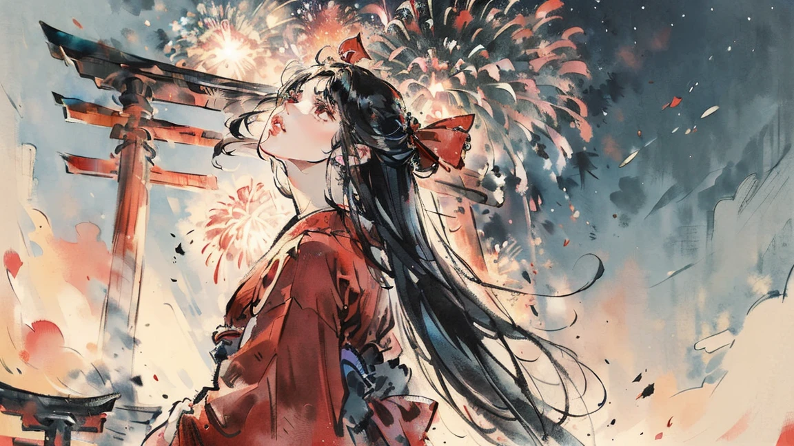 (((beautiful girl))), (((red cheek))),(((Long Hair))) ,(((torii))), (((shoot from below))),(((from side))),(((Gazing Skyward:1.5))),(((night))),(((Huge fireworks))), (Lips are red:1.5),20-year-old, Watercolor, masterpiece, Highest quality, Very delicate and beautiful girl,Very delicate and beautiful, world masterpiece theater, Super detailed, Very detailedな, Highest quality,(((fancy red kimono)))。 (((Black Hair))), (((Black Hair))), (((Black Hair))), (((Upper Body))), (((Upper Body))), (((Upper Body))), (((Upper Body))), (((Upper Body))), (((Upper Body))), High resolution, Very detailed,5 girls, Highest quality, figure, masterpiece, Highest quality, Accuracy, A woman in her twenties from the late Edo period, He has a modern anime-like face.