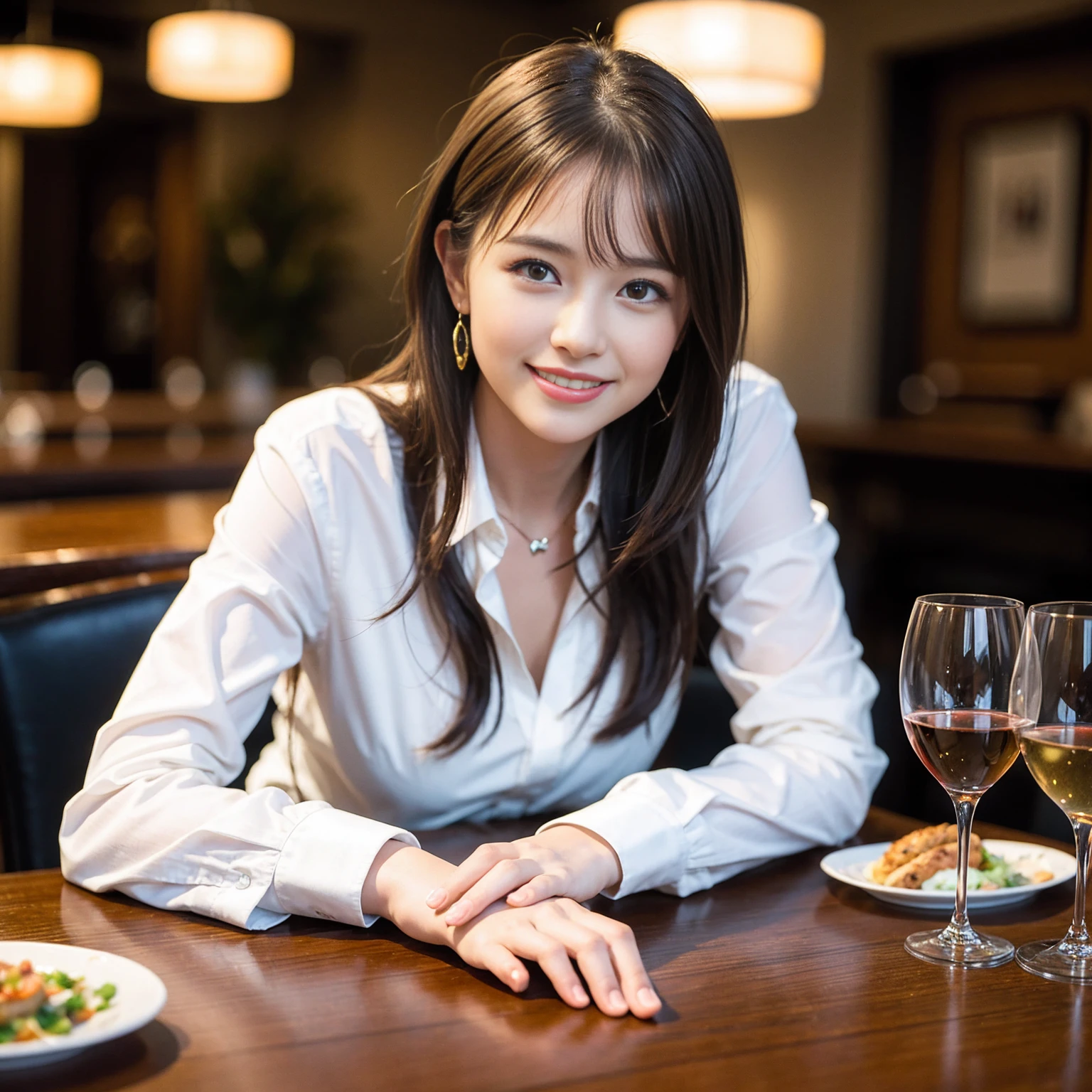 ((Highest quality、8k、masterpiece:1.3))、slimカップル、modelカップル、(Realistic, Intricate details:1.2), full-course dinner、Wine Party、Amazing view of the sunset sky and clouds、A bright smile、The wonderfulness of smile、Bright image、The beauty of wine, Beautiful Face, blue eyes, The light shines on your face, blush, short hair,Bright Face、 (Age 37), 39 years old, red wine 、Appetizers、Italian food、Wine bottle、Champagne、sparkling wine、Two beauties、Brown Hair、Shortcuts、Long sleeve shirt、dress、Beautiful woman 1, (slimな顔), (The body is slim), (Brown Hair), (Shortcuts), cheeks turn a little red,Attractive beauty、restaurant, In a prominent place (From the waist up) Nova Frog Style, actress, model, Upper Body, White wine, slim, wine glass, 中央に置かれたwine glass, smile, (smile: 1.15), Beautiful fine grain, Depth f/2,saturation, High Contrast, Strong light and shadow,Moist Body:1.5、3D texture、Delicate eyes、Brown Hair、The hair is very shiny、