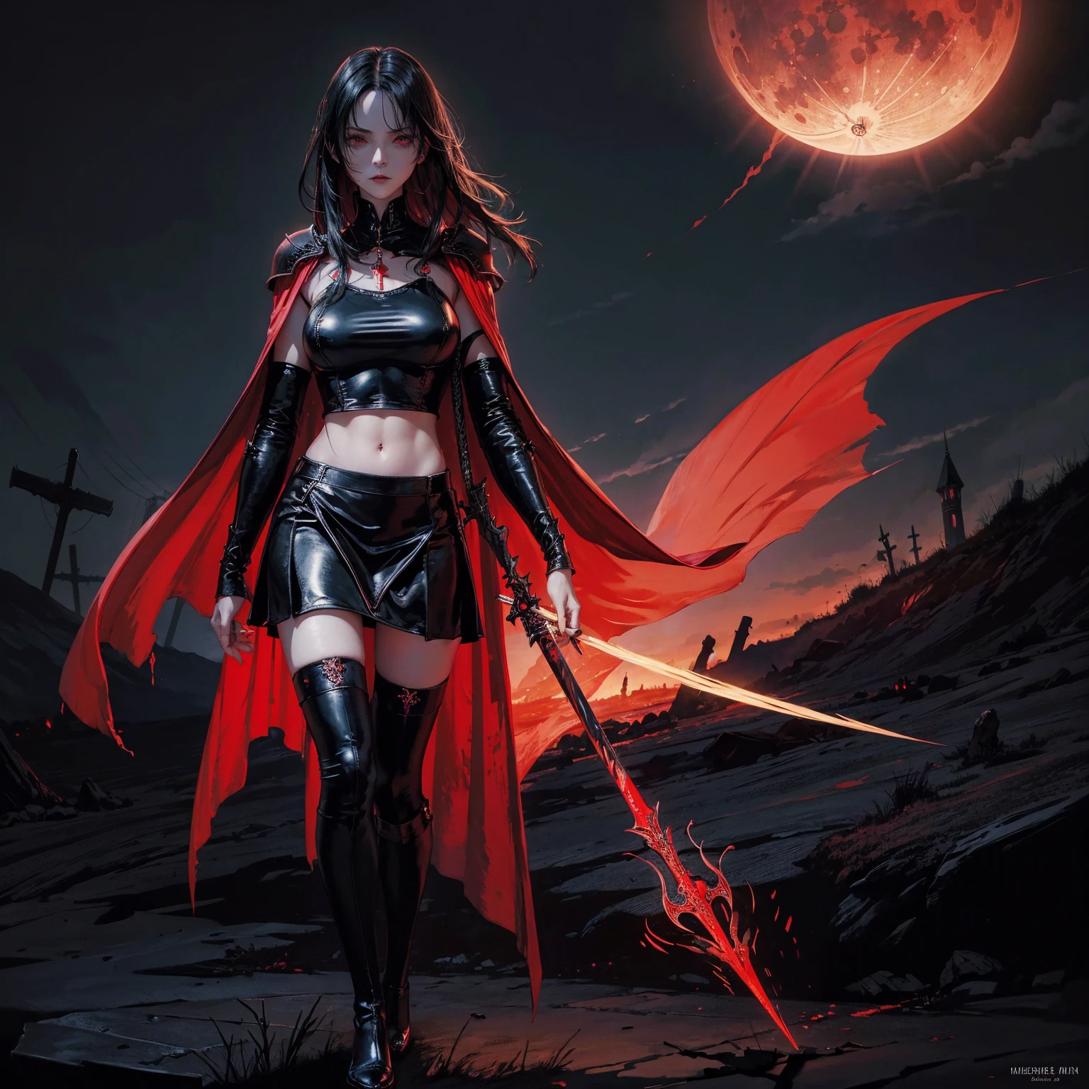 best quality, 4K, high resolution, masterpiece:1.2, Very detailed, actual:1.37, Mood lighting, Girl in a long cape, Wearing a reflective rubber bra, Wearing a reflective latex skirt, Wearing a pair of knee-high stockings, Exposes the navel，Shows the skin above the chest, Aloofness emotion, Dangerous sneer, Black Hair, Standing, Facing the camera, Crucified, Pitch black sky, Blood-red moon, strange atmosphere, Gothic style, Unforgettable beauty, Dramatic shadows, Ethereal Light, Mysterious atmosphere.