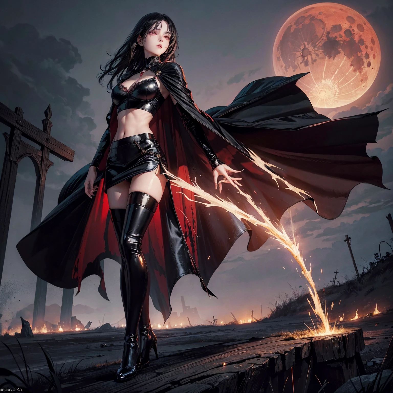 best quality, 4K, high resolution, masterpiece:1.2, Very detailed, actual:1.37, Mood lighting, Girl in a long cape, Wearing a reflective rubber bra, Wearing a reflective latex skirt, Wearing a pair of knee-high stockings, Exposes the navel，Shows the skin above the chest, Aloofness emotion, Dangerous sneer, Black Hair, Standing, Facing the camera, Crucified, Pitch black sky, Blood-red moon, strange atmosphere, Gothic style, Unforgettable beauty, Dramatic shadows, Ethereal Light, Mysterious atmosphere.