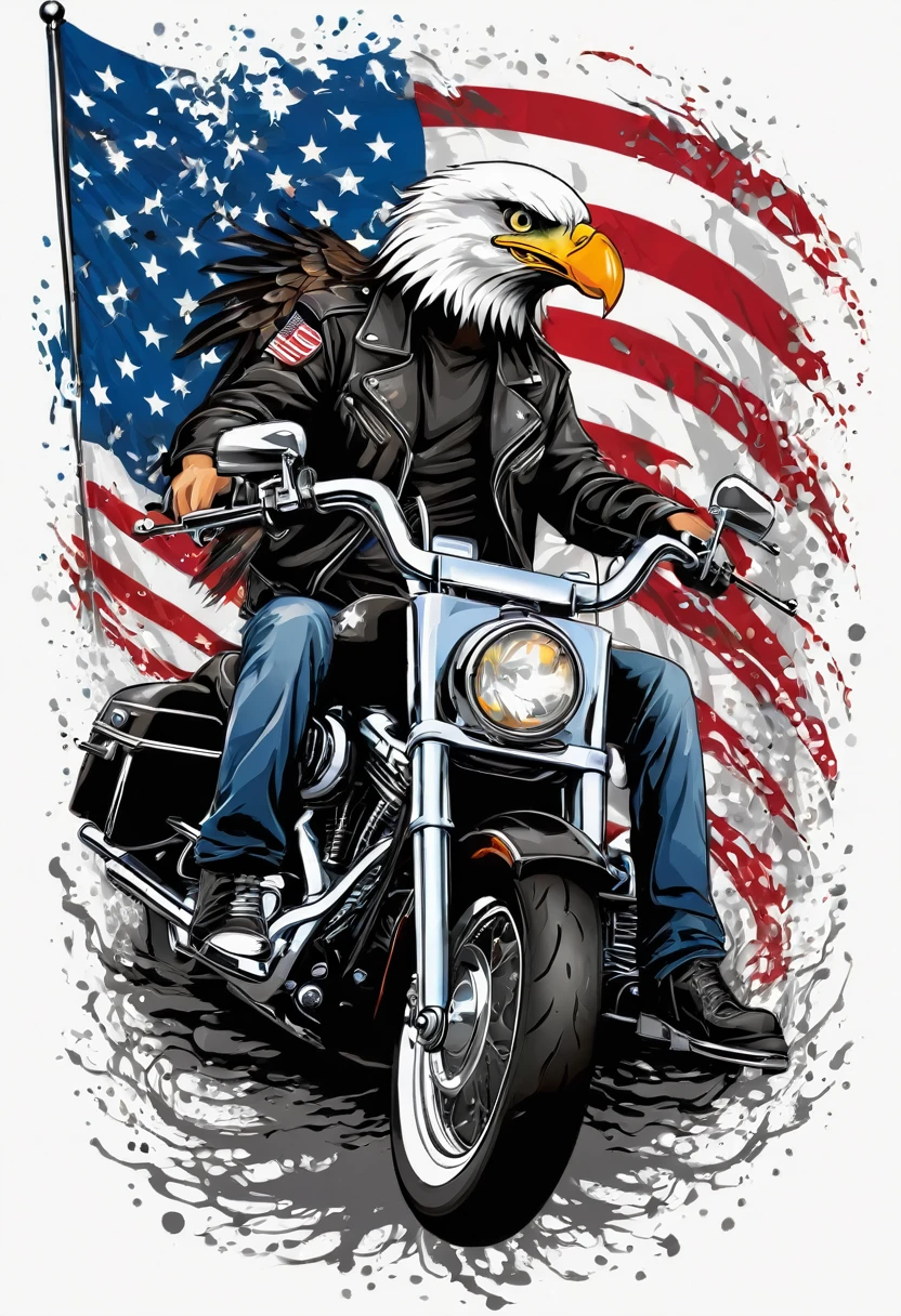 t-shirt designs, Create a menacing white t-shirt with a full Harley motorcycle, background with american flag and an eagle emblem, highly detailed vector art, hd vector art, White background. The overall style is bold and intense, embodying the dark and edgy spirit of heavy metal music.