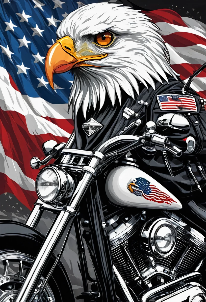 t-shirt designs, Create a menacing white t-shirt with a full Harley motorcycle, background with american flag and an eagle emblem, highly detailed vector art, hd vector art, White background. The overall style is bold and intense, embodying the dark and edgy spirit of heavy metal music.