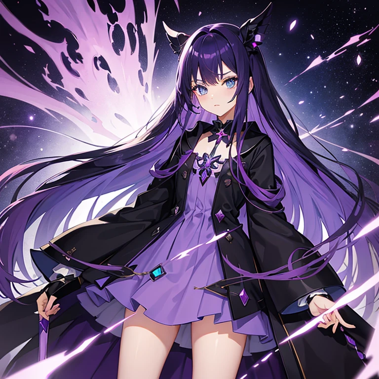 cure slave(magical girl, blue eye, purple hair, long straight hair, dark purple dress coat)