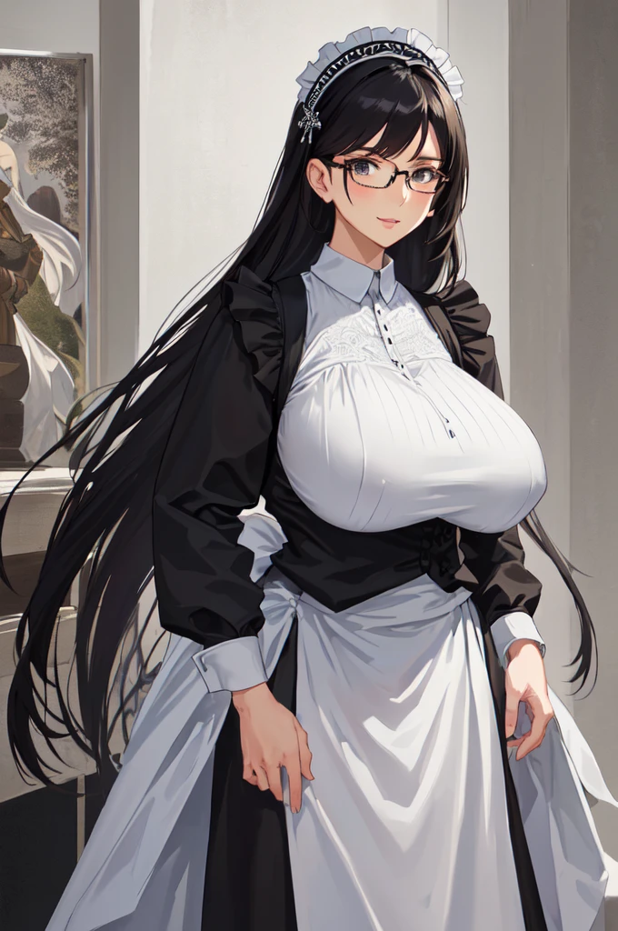 {{masterpiece}},high quality, 4K, 2D, 1 girl,{simple gray background},(attractive mature lady:1.6),milf,standing,sagging breasts,(gigantic breasts:1.5),maid,front face,{{tareme}},attractive mature lady,black hair, {from right in front of face and body},View viewers from front,{front facing shot},Wear glasses,(serious:0.1)