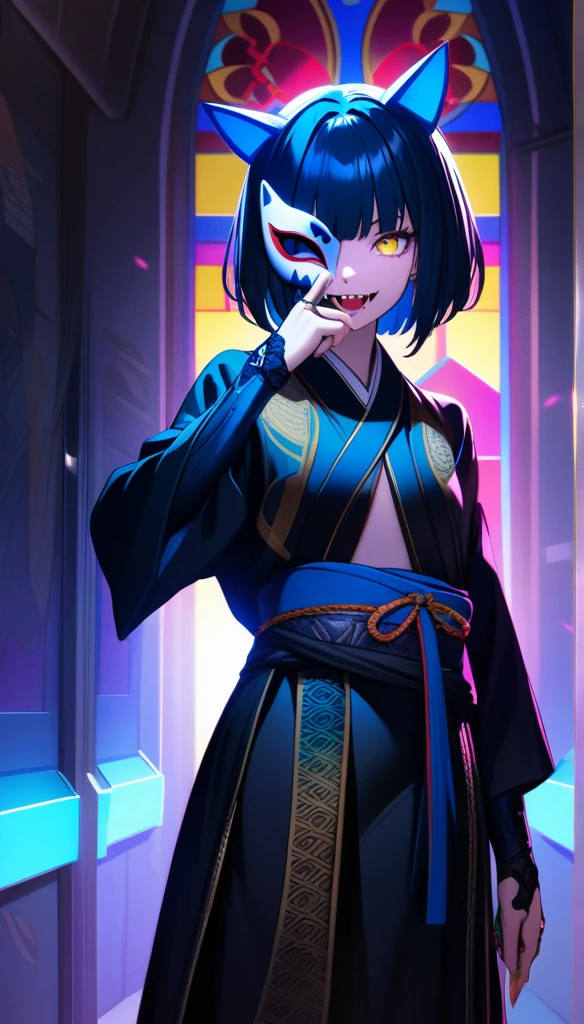 32k, best quality, ultra high res, HDR, UHD, extremely detailed CG, unity 32k wallpaper, a colorful Japanese animation style of a woman with short hair holding a half-removed cat mask in her hand. The skull mask is golden and designed to cover the upper half of her face. She is dressed in a kimono with cyberpunk elements integrated into the design. Her right hand is near her mouth, with two rings attached to chains on her fingers. She has a mischievous smile, revealing fangs. The background features a stained glass pattern with traditional Japanese motifs.
