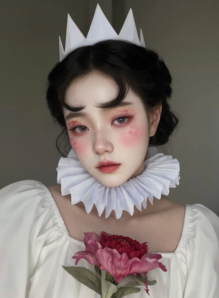 arafed woman in a white dress with a flower in her hand, inspired by Louis Le Nain, pale snow white skin, inspired by Russell Dongjun Lu, porcelain white skin, aesthetic portrait, inspired by Jeong Seon, wearing accurate clown makeup, inspired by Yanjun Cheng, porcelain pale skin, inspired by Sim Sa-jeong, pale porcelain white skin