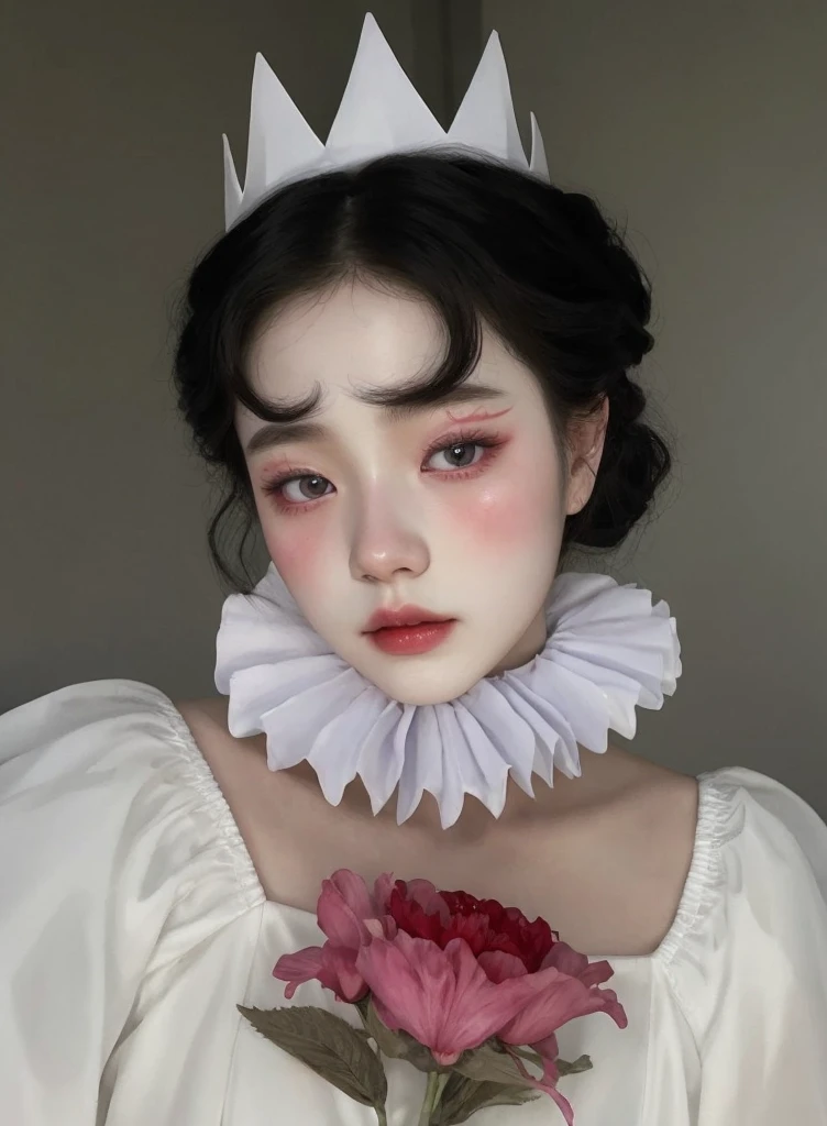 arafed woman in a white dress with a flower in her hand, inspired by Louis Le Nain, pale snow white skin, inspired by Russell Dongjun Lu, porcelain white skin, aesthetic portrait, inspired by Jeong Seon, wearing accurate clown makeup, inspired by Yanjun Cheng, porcelain pale skin, inspired by Sim Sa-jeong, pale porcelain white skin