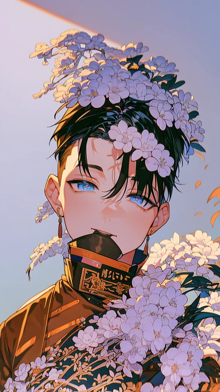 White background、Japan anime illustrations、Adult、Anime Male、Orange Hair、all back、Black headband、Monocle、Purple Eyes、White shirt、Black vest、Black slacks、Brown leather shoeale、Japanese male、Smiling male、Male with protruding forehead