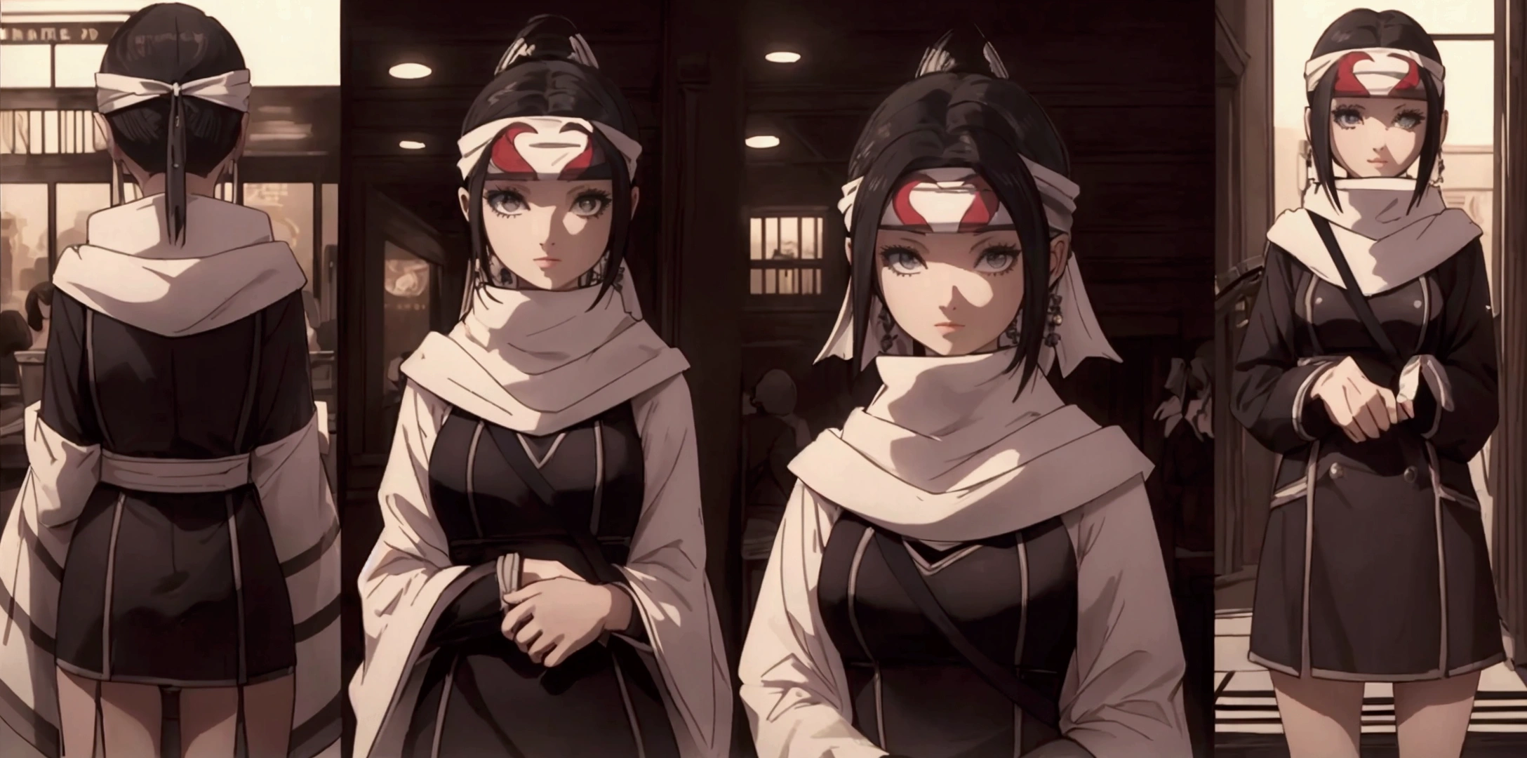 masterpiece), best quality, high resolution 3girl bob cut medium hair standing alone cowl headband profile image looking at viewer beautiful eyes beautiful face extremely detailed