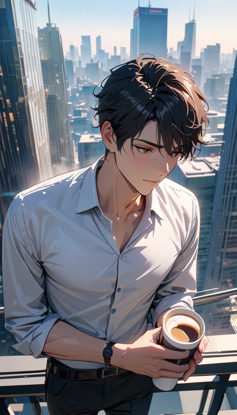 modern, Verism, masterpiece, textured skin, super detail, best quality, 4K , 　A handsome man with short black hair is standing on the rooftop of an office building, holding a cup of coffee in one hand. Surrounding him are other tall buildings, and the weather is clear and sunny.

