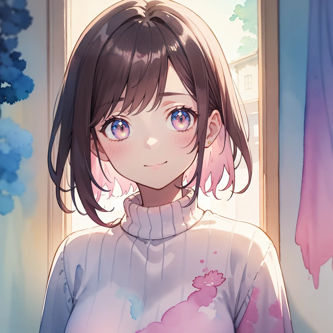 masterpiece, high quality, ((watercolor)), Soft colors, breast enhancement, Portrait, Dark brown hair, Straight very short hair, A kind smile, Pale pink sweater, Private Server, Big dark eyes, Pastel yellow and pink light, watercolor風の背景, Dreamy atmosphere, Kind expression, No sharp lines, Warm atmosphere, cute, A delicate touch, mysterious, Calm colors, watercolor画