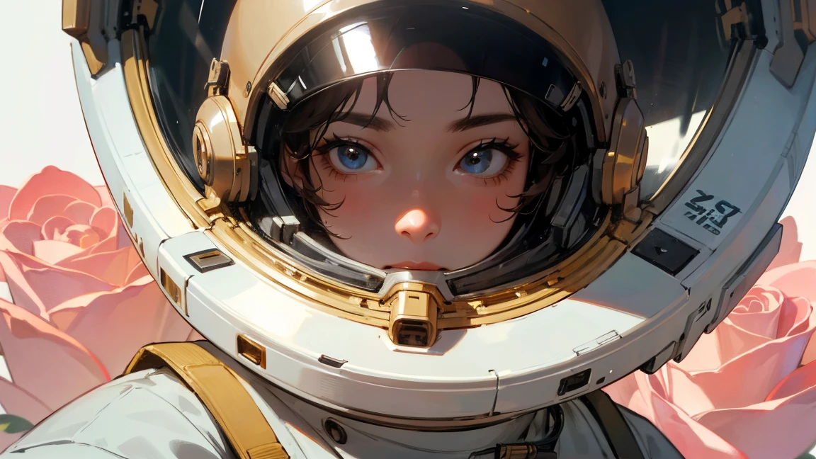 an astronaut wearing a helmet painted, close-up, Walking on blooming roses, upper-body, militaristic realism, HD mod, dark gold, distinctive noses --AR 69:128 --v 6. 0 --s 750