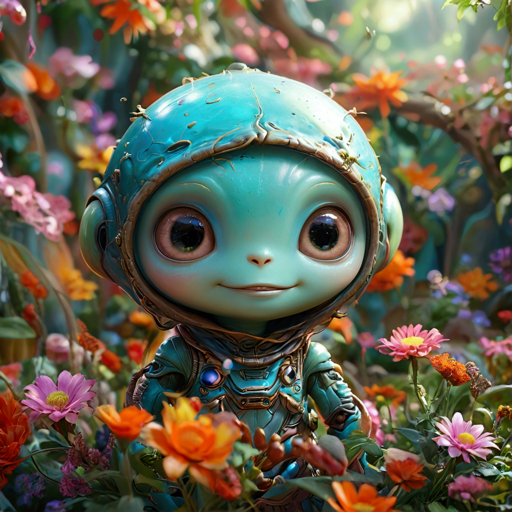 Round frame、Round frameのかわいい宇宙人のキャラクター、Realistic expression、Photorealistic、Anime Style、high quality、High resolution、Cheerful characters、Retouching、Fantasy Background、Smiling alien character in a frame
