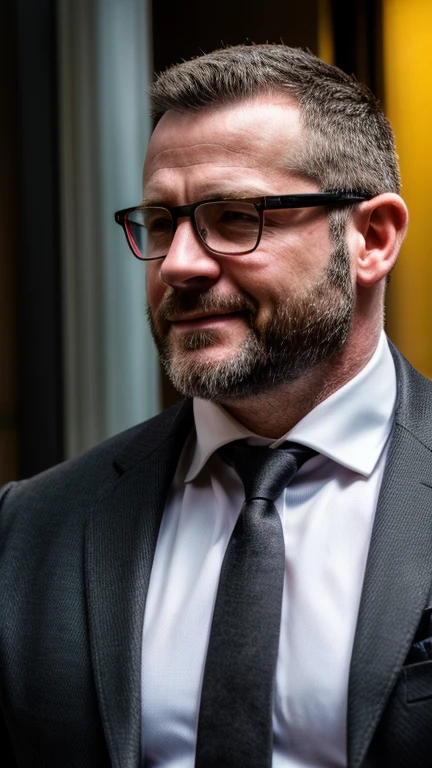 An award-winning original photo，A wild muscular man, (40 years old daddy:1.1), 1boy, Solo, (black suit), (white dress shirt), (red print necktie), (big shoulders), musculature, stubbles, Short beard, (Detailed body), wearing glasses, slight smirk, Dynamic Angle, volumetric lighting, (Best quality, A high resolution, Photorealistic), Cinematic lighting, Masterpiece, RAW photo, Intricate details, hdr, depth of field, upper body shot, (realistic:1.2)