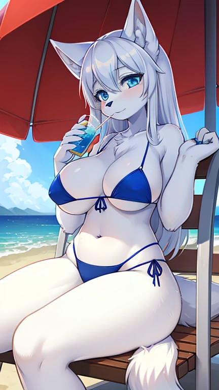 best quality, best resolution, (fluffy anthro furry), arctic fox girl, silver hair, blue eyes, (white fur), long straight hair, fox ears, big breast, sophisticated manner, (royal blue bikini), sitting on beach chair, sipping on lemonade, under umbrella, left hand placed on lap