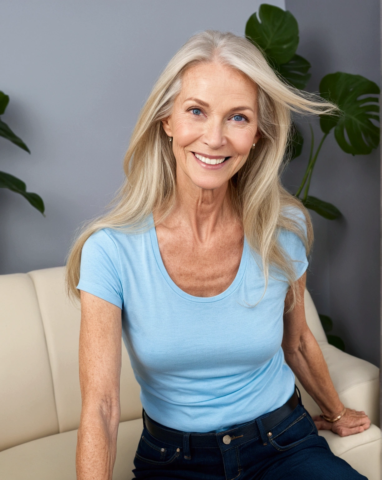 Real photo of a 60-year-old woman, white, with long straight ash blonde hair, blue eyes, smiling, in a frontal position, standing, full body, athletic, smiling, wearing a braless t-shirt and low-rise jeans. The setting is an office decorated in a modern minimalist style where there is an ivory chesterfield sofa with black veins.