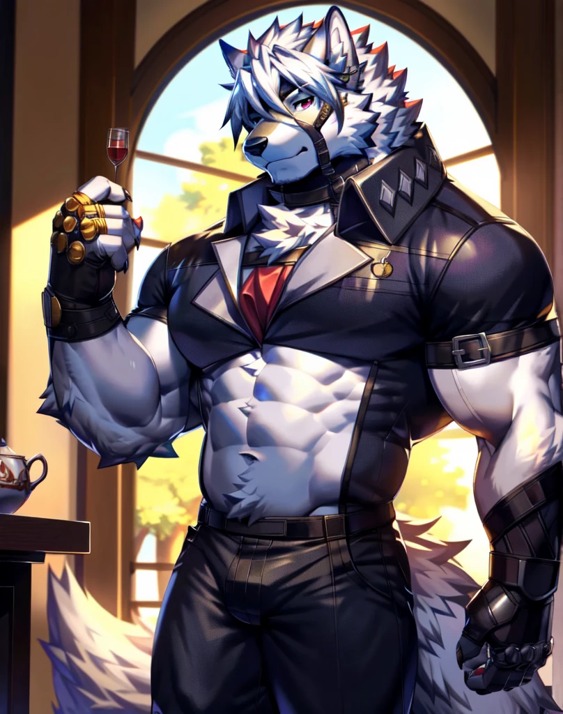 solo, anthro, furry, furry male, wolf, ((fluffy fur, fluffy, furry body)), (wolf print), red eyes, hair tuft, long hair, (light blue body, blue body, lean muscles), wolf tail, ((white hair,)), (white muzzle, white forearms), leg raised, pocket watch, gold pocket watch, pocket watch in hand, face straps, butler uniform, black metal prosthetic legs detailed fluffy fur, detailed face, detailed eyes, smaller arms (full body, round ass, fluffy ass,), cyberpunk, valorant,(by DRKS, by raccoon21, by Sollyz, by null-ghost, masterpiece, high quality,hi res,8k hd), close-view portrait, looking at viewer, indoors, fancy manor, fancy tea party cute face, standing next to table, serious expression, camera view angled from above, heavy shadows, athletic build, full body,