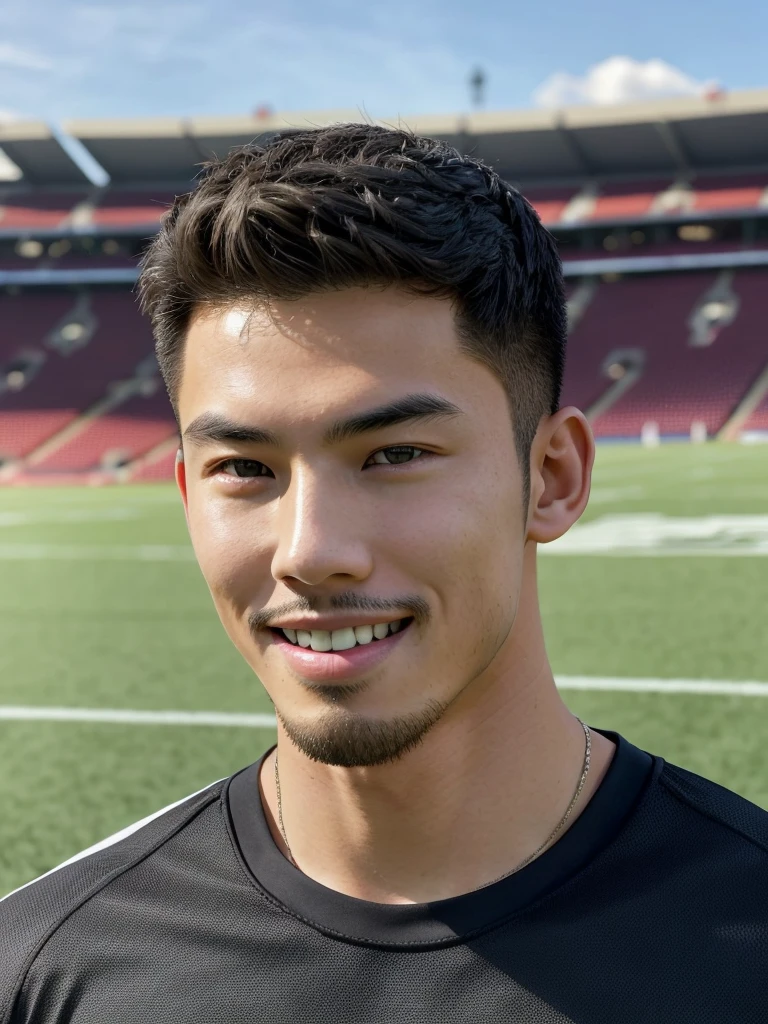 Tony Labrusca, (As a matter of fact, Masterpiece, 8k HD, good light quality, sportswear, fit the face, complicated details), A handsome, muscular young Korean man. , 20 years old, be happy, smile brightly, detailed face, delicate eyes, มองดูsky, Wear a tight blue t-shirt., period, black eyes, Black hair color, ผมsmooth, smooth, outdoor sports, Along the football field, Sunny,sky,Surreal,Superb details,Highest quality,real,
