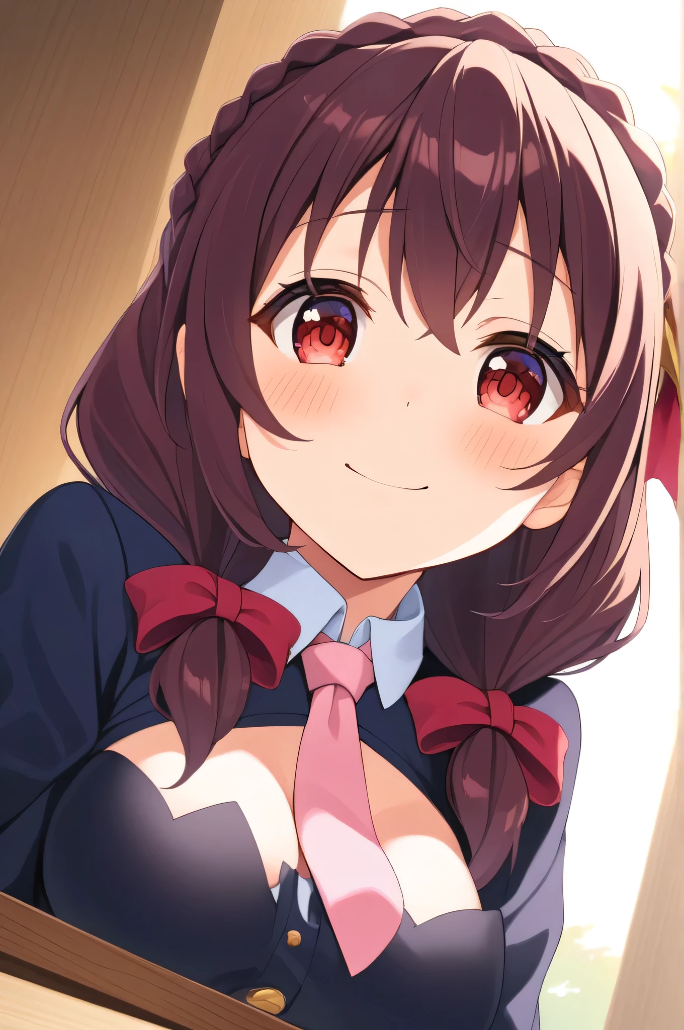 alone, One girl, Yunyun, (A shy smile:1.4)、(blush:1.5)、 View your viewers, Crown braids of the same color as your hair, Red Eyes、hair ornaments, Hair Ribbon, Pink tie, Long sleeve, Cleavage, Leaning forward、(The upper body is visible:1.2)、(View from below:1.4)、(The viewer is resting his head on her lap.:1.2)