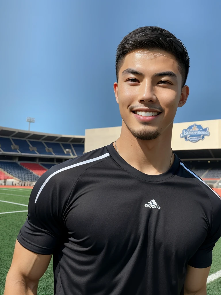 Tony Labrusca, (As a matter of fact, Masterpiece, 8k HD, good light quality, sportswear, fit the face, complicated details), A handsome, muscular young Korean man. , 20 years old, be happy, smile brightly, detailed face, delicate eyes, มองดูsky, Wear a tight blue t-shirt., period, black eyes, Black hair color, ผมsmooth, smooth, outdoor sports, Along the football field, Sunny,sky，Surreal，Superb details，Highest quality，real，