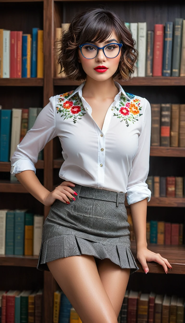 (((beautiful beautiful Isabela Merced, posing for uploadss, looking sexy, ruffled lips, Short and curly hair in different colors, extremely pretty eyes))), ((wearing floral silver necklace)), realistic uploadsgraph, highy detailed, Foco do pointed, (Main lighting), (indoor bookstore environment), Artwork, extremely pretty, Perfect beauty, (perfect shape body, Broad Hips, small waist, thick-thighs, firm abs, Body cute, knees, knees, focus on the knees, breasts small), short hair of different colors with bangs, short hair with bangs of different colors cobrindo a testa, short hair with bangs of different colors ((((short hair of different colors with bangs cobrindo a testa)))), ((30 years old)), (extremely detaild 8k wallpaper), ((face detailed)), (((wearing open white shirt, microsaia curta de tweed, knees, knees, very short skirt)), (long dark eyelashes), (looking at the camera), (((cleavage))), (glamor model), (seductive facial expression) (((standing between high shelves full of books))), extremely detaild, Artwork, Intricate details, highy detailed, Foco do pointed, skin detailed, realistic skin texture, texture, detailedeyes, high resolution, best quality, high resolution, (Artwork, maximum quality, high resolution:1.4), uploads, cinematic, film grain, pointed, soft natural light, magic uploadsgraphy, super verbose, ((whole body: legs 1.7)), librarian glasses, nerd glasses, ((pleated miniskirt: miniskirt 1.6)), unbuttoned blouse with cleavage, bellybutton, navel, cleavage, (Head to knee, all-body: knees 1.3), horny, lascivious, provocative, panties, raised knee, knee lift, horny, lascivious, provocative, knee lift, (((knee))), (((knee lift))), (((knee:. knee 1.3))), Knee, Knee Lift, Raised Knee, Focus on Knee