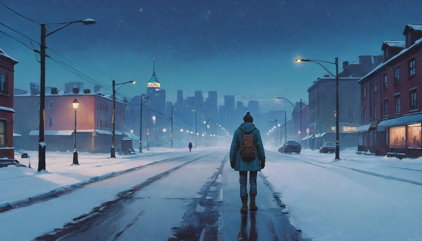 a person standing on a snowy road in the city, expansive, long shot, aesthetic photography, low brightness, dim, cool color pallette, snow particles, bokeh, wallpaper, highest quality, masterpiece, high definition painterly textures, ispired by artstation art and Simon Stalenhag's oil paint artstyle. Somber, highly detailed, absolutely breathtaking
