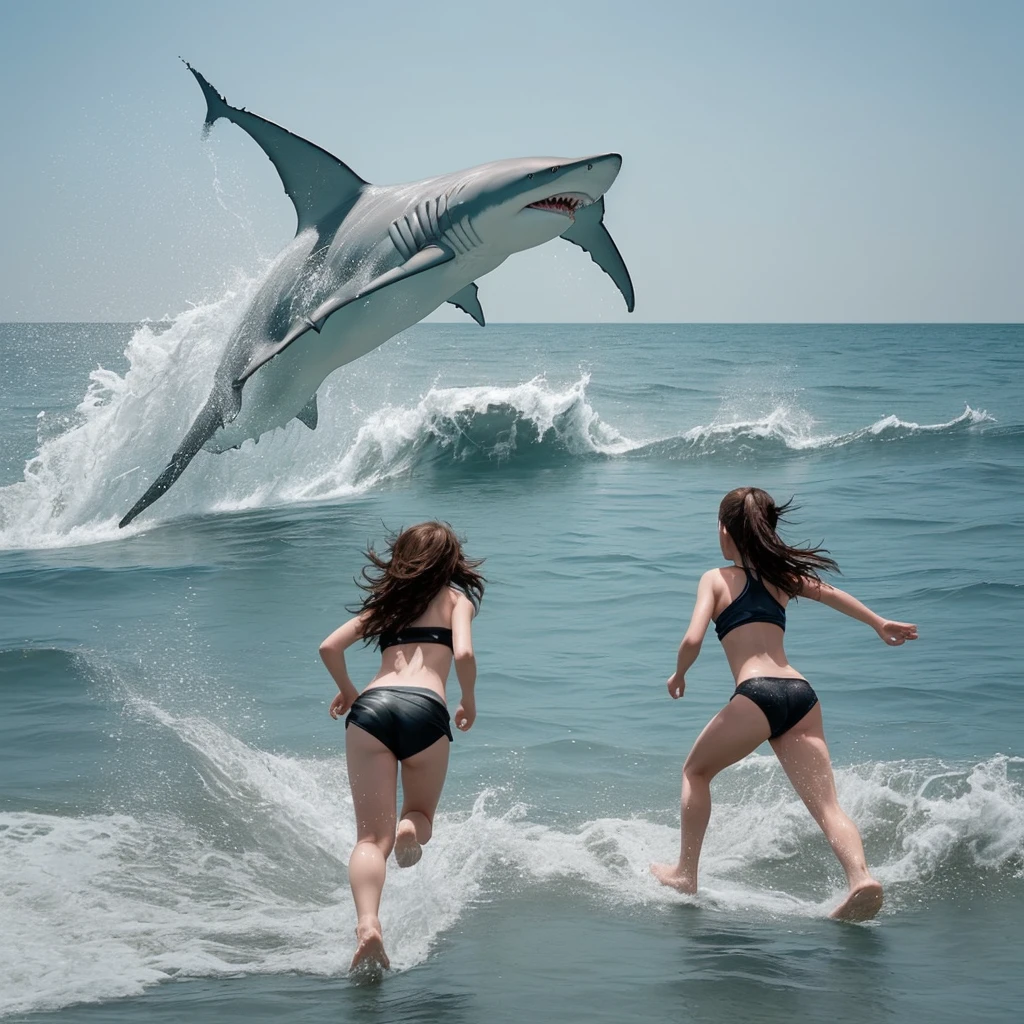 Two girls run out of the water on a beach. The dorsal fin of a shark is clearly visible in the water. 