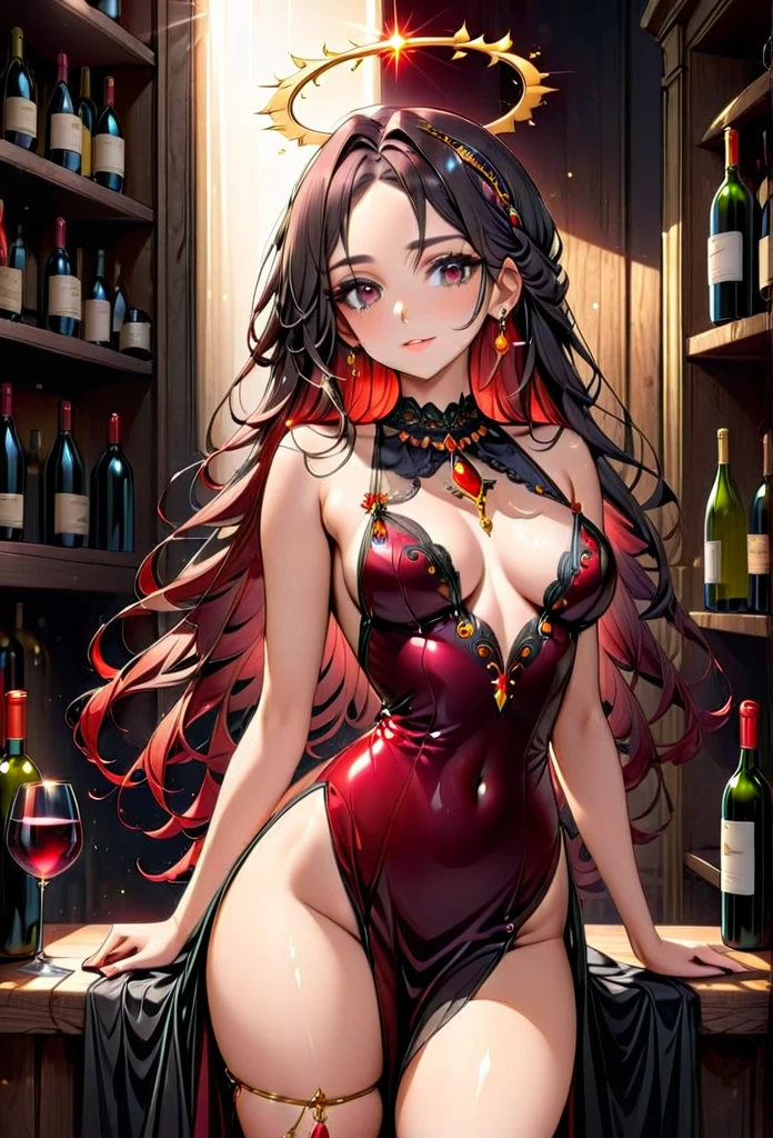 High resolution, high quality, High-resolution model, High detail, Very detailed, (Shot from the thigh up:1.3), (holding a wine glass:1.3), (Slim figure:1.5), goddess, long hair, Grown-up face, A relaxed expression, Dark Eyes, Gradient eyes, Front bottom shot, Her hair is black on top and red on the bottom., Circlet, Neon-like earrings, Black long dress, Shiny black and red gothic embellishments on the dress, There is a mysterious halo in the background, Mysterious light in the background, A shelf with wine bottles neatly lined up all over the background, Fantasy atmosphere