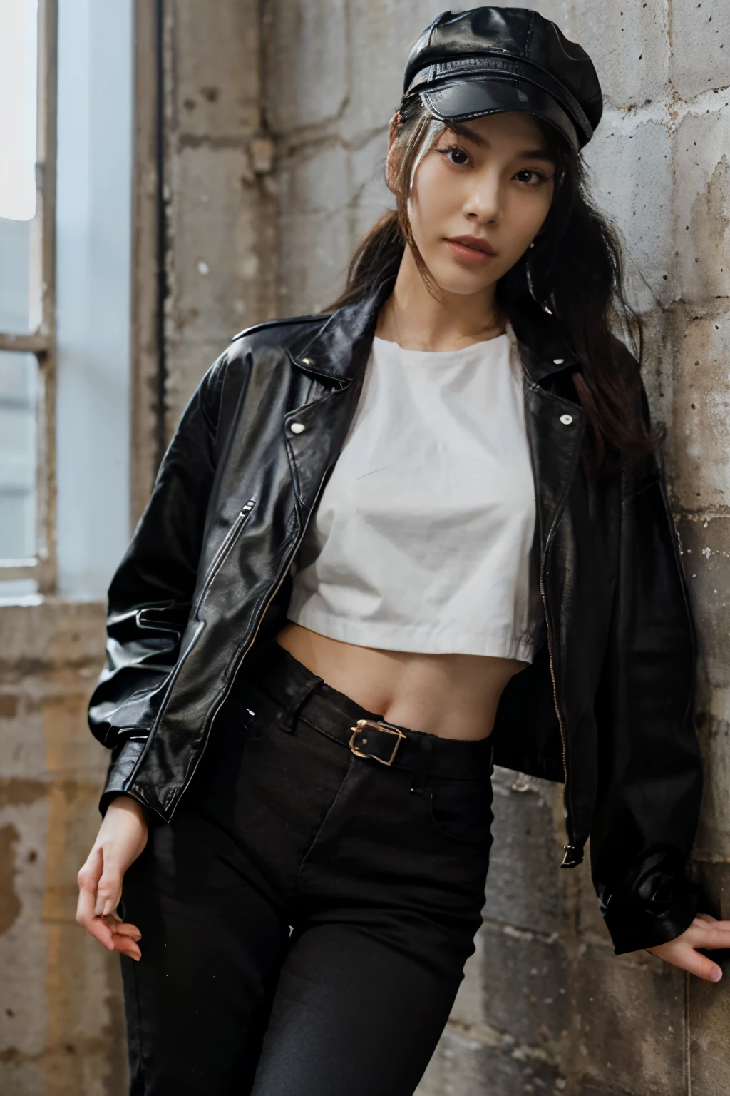 A tall and well-proportioned，Beautiful facial features，Youthful and energetic girl from the East，Wearing a waist-length high ponytail，Leaning against the wall，Wear a black leather jacket，Wear a white shirt，With a black peaked cap，The slender waist is exposed，Healthy wheat-colored skin and clear waistline，Wear black jeans and black sneakers。The surrounding lights are charming，Cyberpunk-style light shines on the body。high quality，high quality