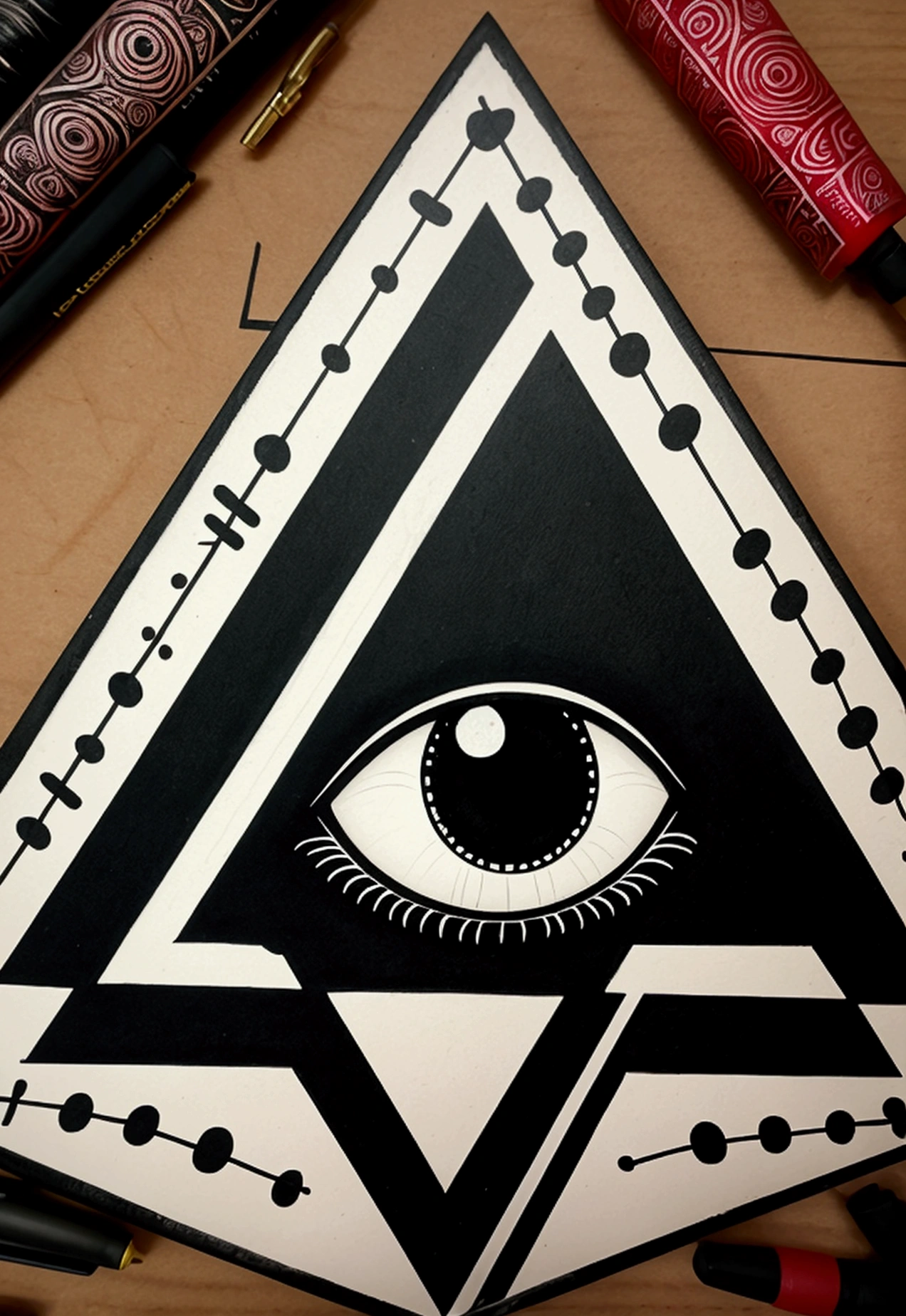 triangle with the all-seeing eye. eye with retina pupil of the universe, the triangle has the letters in calligraffiti inside, LA KLIKA SKUAD vol4. CLICK. LKC HOMESTUDIO. In a mysterious gloomy environment of fear  