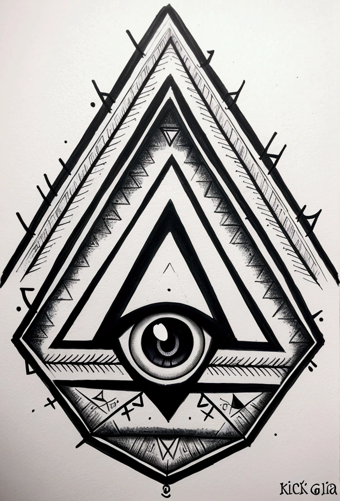 triangle with the all-seeing eye. eye with retina pupil of the universe, the triangle has the letters in calligraffiti inside, LA KLIKA SKUAD vol4. CLICK. LKC HOMESTUDIO. In a mysterious gloomy environment of fear  