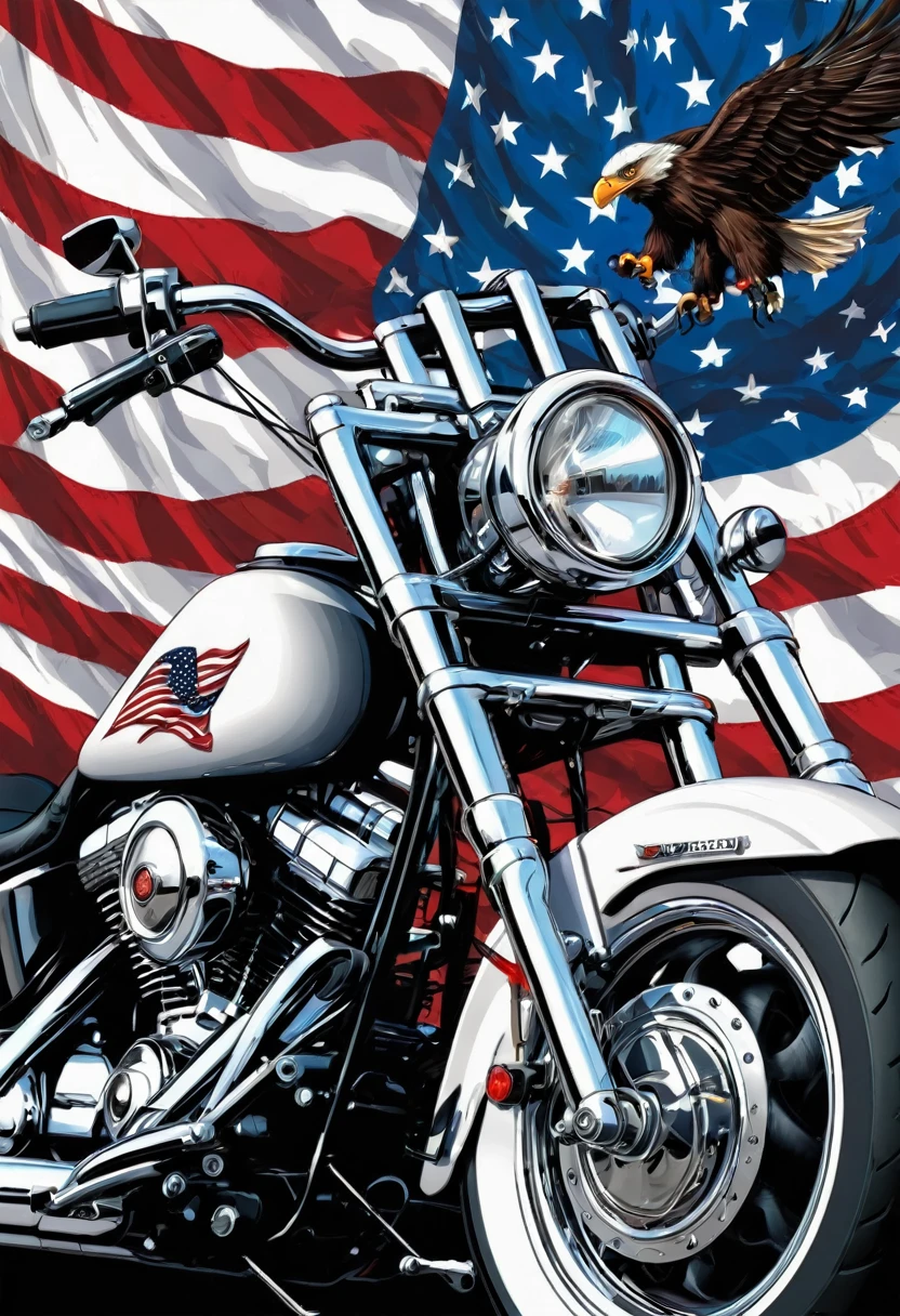 t-shirt designs, Create a menacing white t-shirt with a full Harley motorcycle, background with American flag and a small eagle emblem on the right side of the bike, highly detailed vector art, hd vector art, White background. The overall style is bold and intense, embodying the dark and edgy spirit of heavy metal music.