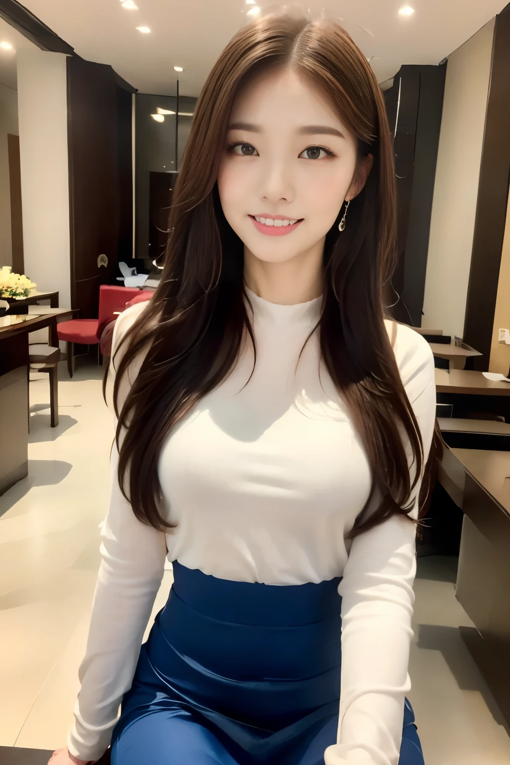 ((Highest quality, 8k, masterpiece :1.3)),Tokyo Disneyland,Hotel,(Full Body Shot),A very loving smile:1.2,Saggy breasts,Beautiful pose,Looking into the camera,double eyelid,(Fluffy white blouse),(masterpiece: 1.3), (Maximum resolution: 1.4), (Ultra-high resolution: 1.2), Cinematic Light, Detailed eyes and skin, 8k resolution, Perfect Style, Beautiful expression,Highly detailed face,Pure white skin:1.2,Makeup face,Glossy Lips:1.2,Straight Hairstyles,Facing forward,(Blue tight skirt),tall