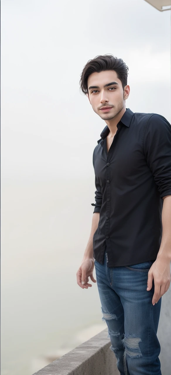 "Thiago Finch is a man of approximately 1,80m de altura, with an athletic and well-defined physical constitution. He has an oval face with well-defined lines, expressive dark brown eyes, and thick, well-shaped eyebrows. Your nose is straight and proportional to your face, and their middle lips often display a confident smile. Thiago usually wears a well-trimmed beard, ranging from a full beard to stubble. Her dark brown hair is short and well maintained., often styled with a slight pompadour or slicked back. He has light brown skin, with a healthy tone. Thiago is known for his elegant casual style, often wearing button-down shirts, branded t-shirts, jeans or tailored pants, and accessories such as luxury watches and discreet bracelets. He prefers neutral and sober colors, but can also be seen with pieces in more vibrant tones. Thiago is often photographed in sophisticated environments, like modern offices, business events, or outdoor locations that reflect a successful lifestyle, like beaches and resorts."