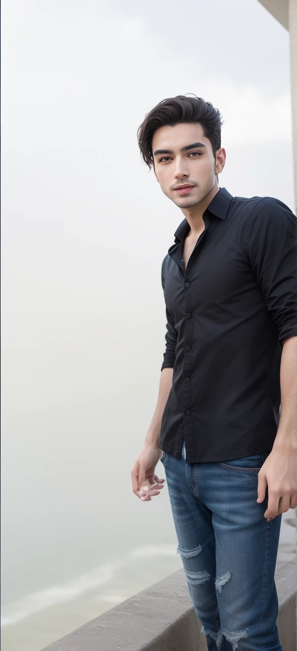 "Thiago Finch is a man of approximately 1,80m de altura, with an athletic and well-defined physical constitution. He has an oval face with well-defined lines, expressive dark brown eyes, and thick, well-shaped eyebrows. Your nose is straight and proportional to your face, and their middle lips often display a confident smile. Thiago usually wears a well-trimmed beard, ranging from a full beard to stubble. Her dark brown hair is short and well maintained., often styled with a slight pompadour or slicked back. He has light brown skin, with a healthy tone. Thiago is known for his elegant casual style, often wearing button-down shirts, branded t-shirts, jeans or tailored pants, and accessories such as luxury watches and discreet bracelets. He prefers neutral and sober colors, but can also be seen with pieces in more vibrant tones. Thiago is often photographed in sophisticated environments, like modern offices, business events, or outdoor locations that reflect a successful lifestyle, like beaches and resorts."